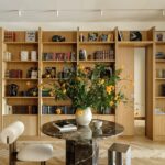 Custom Built-In Oak Wall Bookshelf with Hidden Door & Closed Cabinets