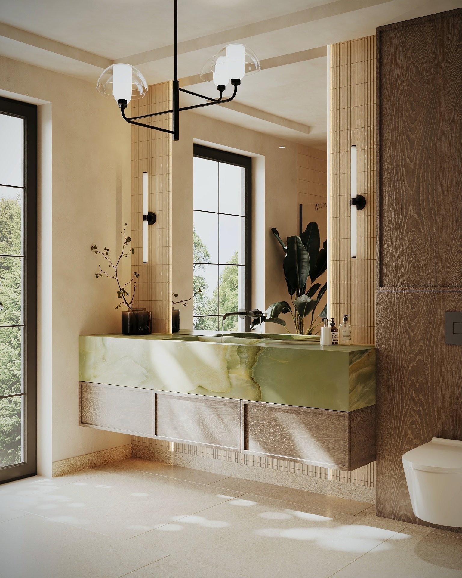 Bathroom _ CGI Green Onyx Marble Floating Bathroom Vanity with Wood Cabinet - Image 1
