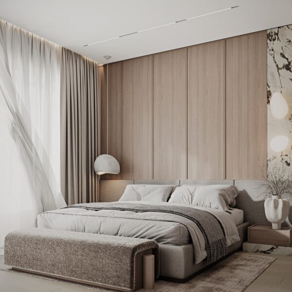 Wabi-Sabi Oak Bed Frame with Marble Nightstands | Calming Neutral Bedroom Set