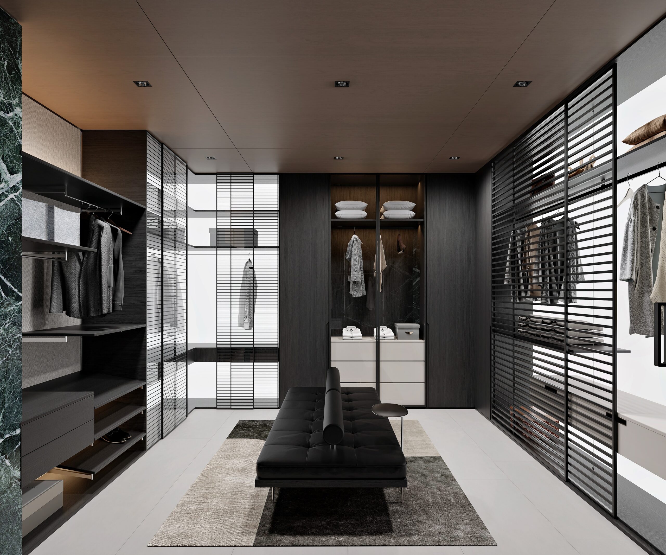 意式卧室衣帽间设计 Luxe Linear Walk-In Closet System | Horizontal Slat Glass Doors - Image 1