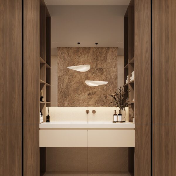 Wabi-Sabi Floating Bathroom Vanity with Solid Surface Top & Walnut Storage Cabinets