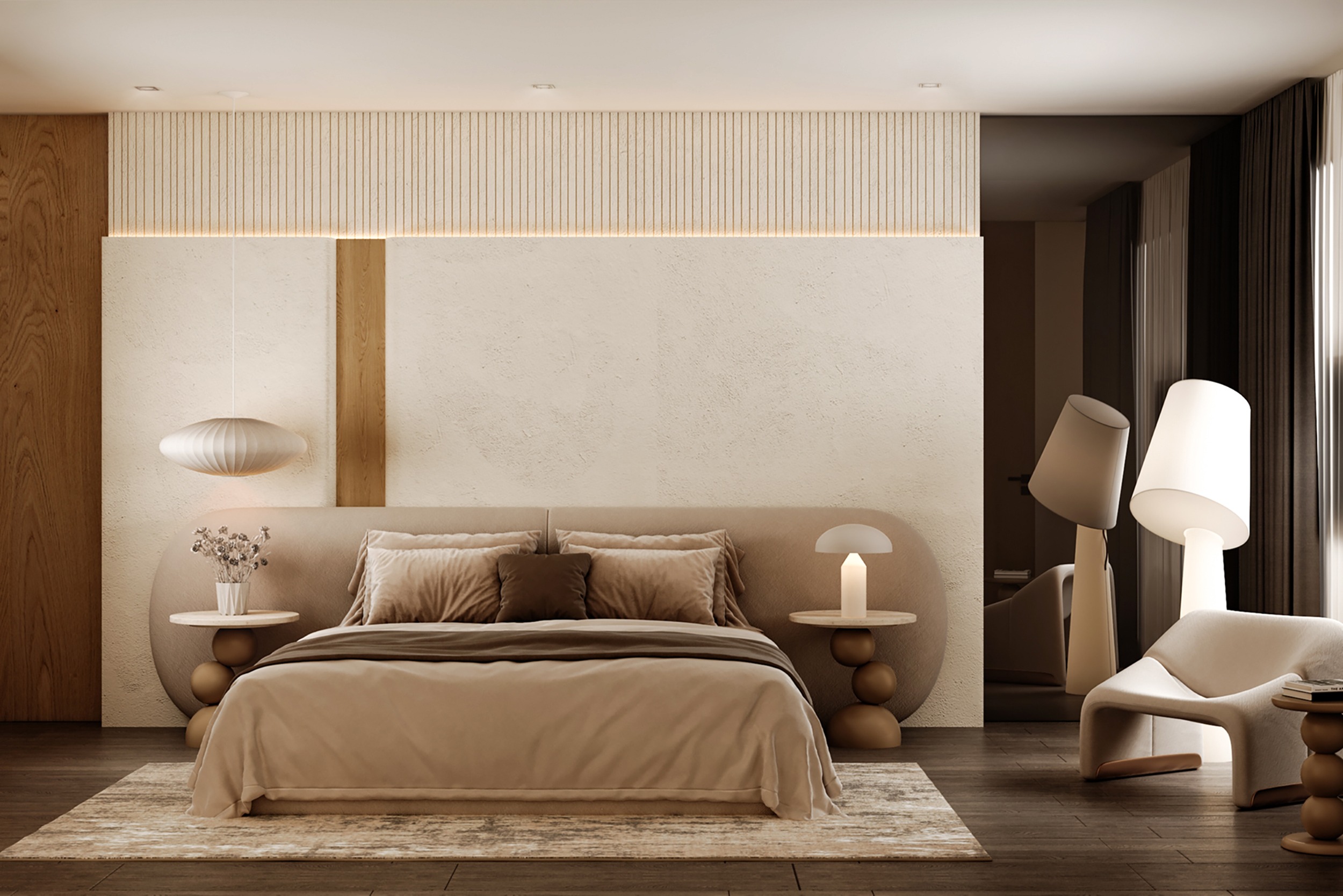 主卧室室内设计与可视化丨Basma Dorgham Wabi-Sabi Cream Upholstered Platform Bed - Image 1