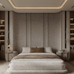 Custom Modern Upholstered Bed with Curved Headboard & Matching Nightstands