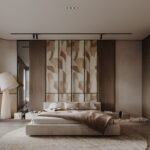 Custom Modern Low-Profile Upholstered Bed with Abstract Art Headboard