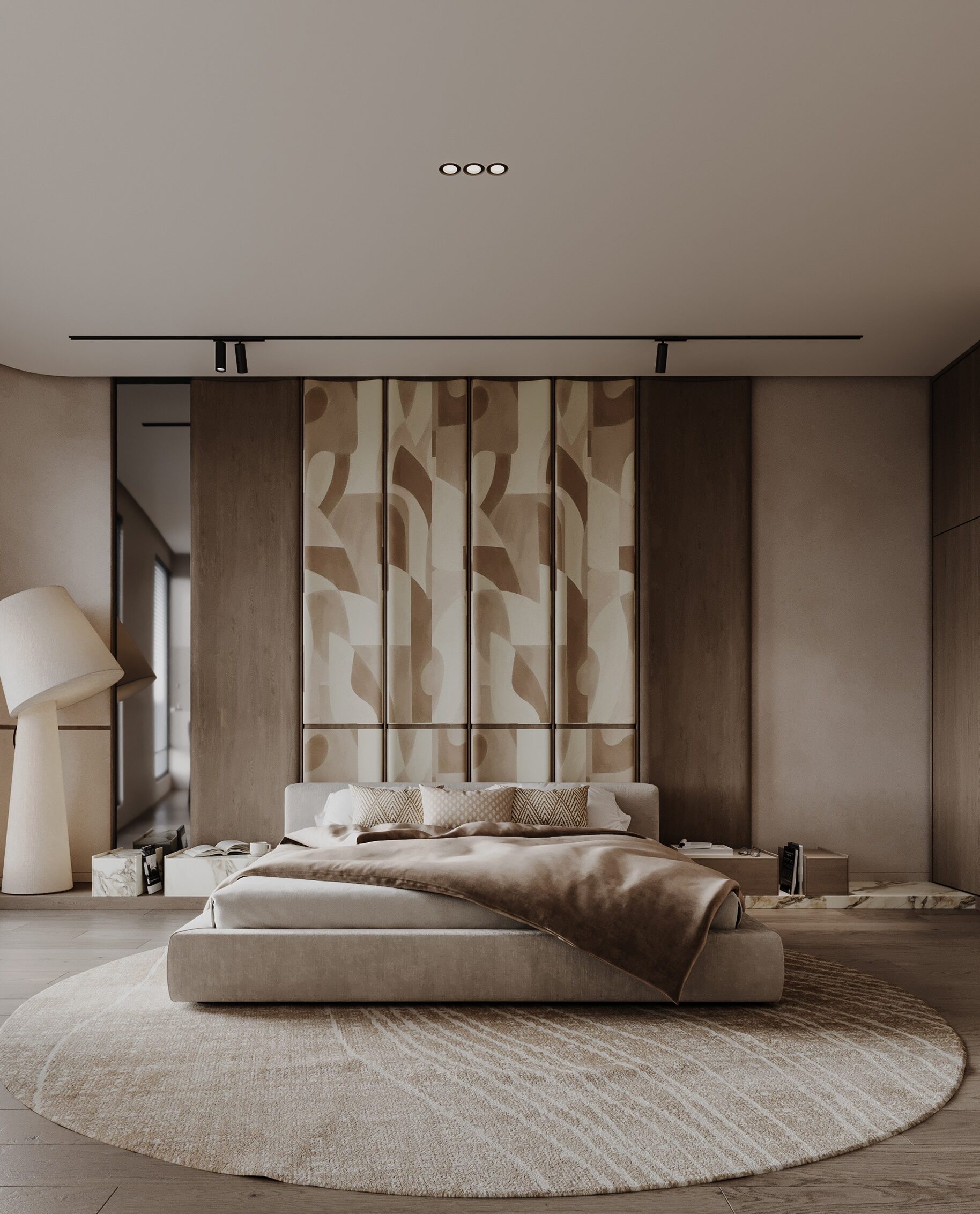 卧室设计丨阿联酋丨Black N White Custom Modern Low-Profile Upholstered Bed with Abstract Art Headboard - Image 1