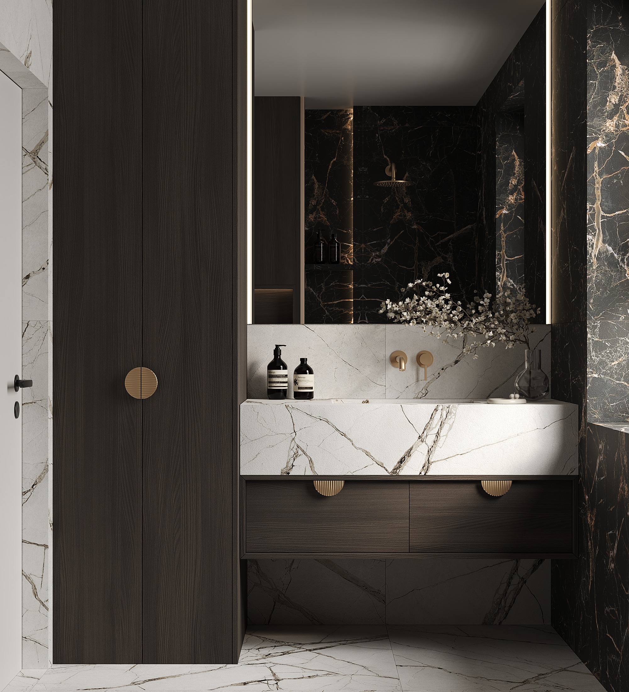 波兰浴室设计项目丨波兰罗兹丨POROKH SOPHIA Luxury Floating Calacatta White Marble Bathroom Vanity - Image 1